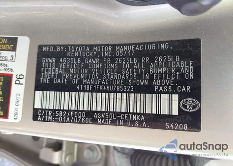 2017 Toyota Camry Le z USA, uszkodzony, nr VIN 4T1BF1FK4HU785323